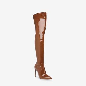 STEVE MADDEN VAVA COGNAC PATENT THIGH HIGH BOOTS